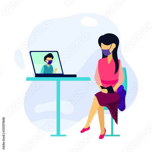 Women are dating via video call using laptops, perfect for illustrating distance restrictions, directions, or others © putra galih