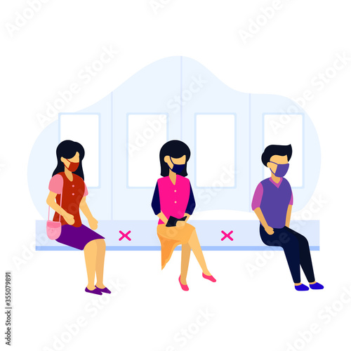 Men and women are queuing in one seat by implementing new rules to keep their distance used for notifications, directions, or others