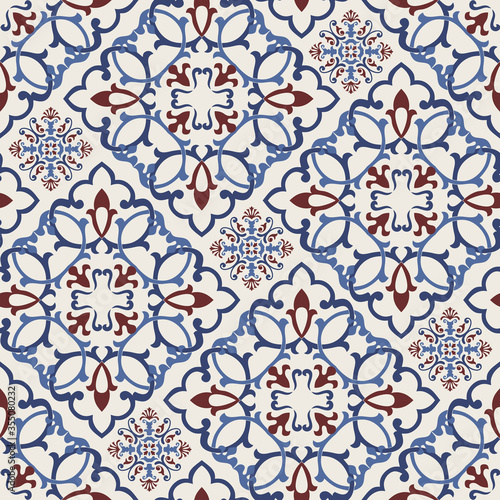 Seamless Damask pattern. Majolica pottery tile, blue, white and gold azulejo, original traditional Portuguese and Spain decor. Seamless pattern with Victorian motives. Vector illustration.