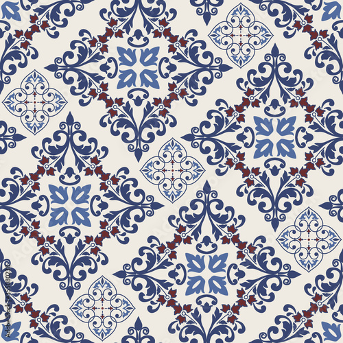 Seamless Damask pattern. Majolica pottery tile, blue, white and gold azulejo, original traditional Portuguese and Spain decor. Seamless pattern with Victorian motives. Vector illustration.