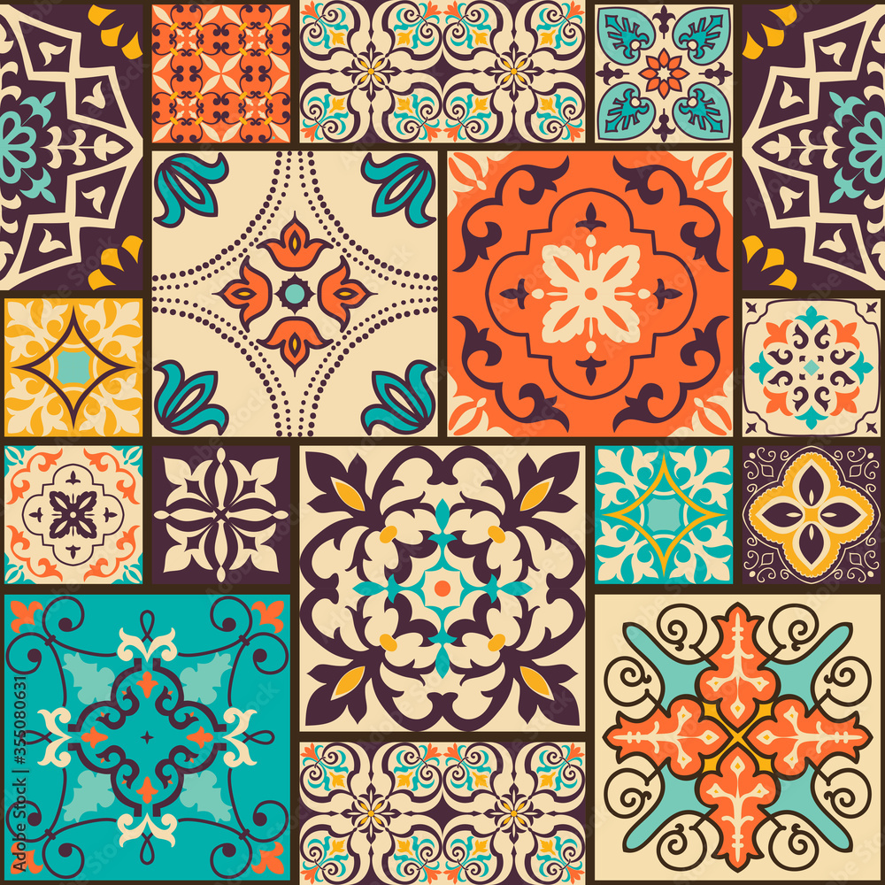 Seamless colorful patchwork tile with Islam, Arabic, Indian, ottoman motifs. Majolica pottery tile. Portuguese and Spain decor. Ceramic tile in talavera style. Vector illustration.