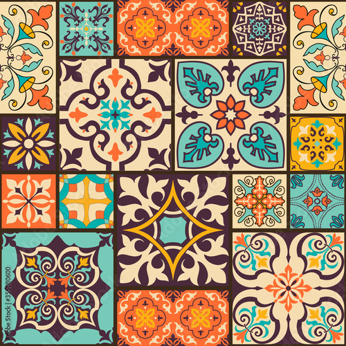 Seamless colorful patchwork tile with Islam, Arabic, Indian, ottoman motifs. Majolica pottery tile. Portuguese and Spain decor. Ceramic tile in talavera style. Vector illustration.