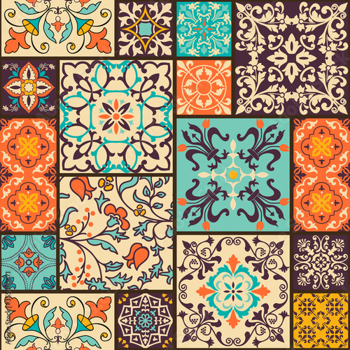 Seamless colorful patchwork tile with Islam, Arabic, Indian, ottoman motifs. Majolica pottery tile. Portuguese and Spain decor. Ceramic tile in talavera style. Vector illustration.