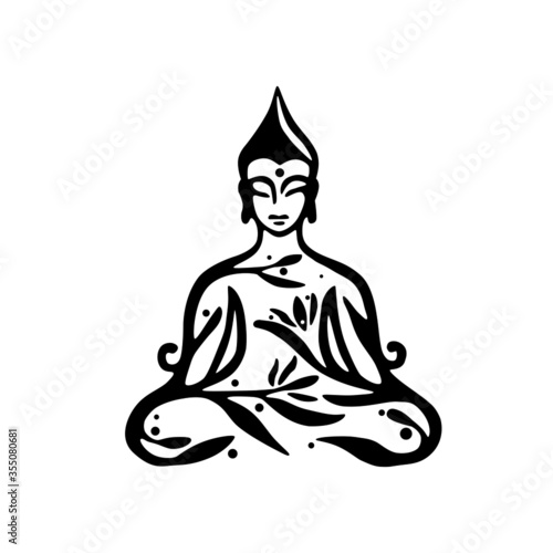 Buddha decorative drawing. Sitting or meditating buddah statue. Vector illustration of budha isolated on white.