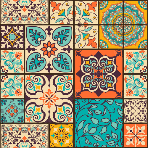 Seamless colorful patchwork tile with Islam, Arabic, Indian, ottoman motifs. Majolica pottery tile. Portuguese and Spain decor. Ceramic tile in talavera style. Vector illustration.