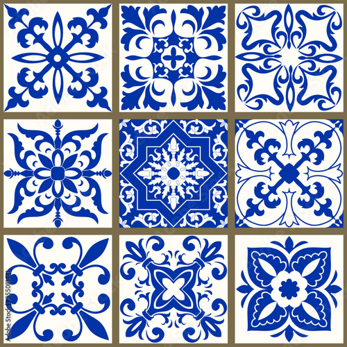Collection of 9 colorful tiles. Seamless patchwork tile with Islam, Arabic, Indian, Ottoman motives. Majolica pottery tile, blue and white azulejo, original traditional Portuguese and Spain decor.