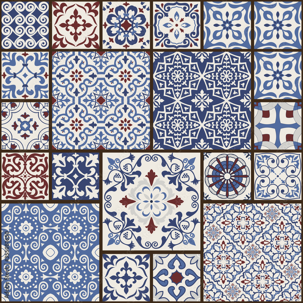 Fototapeta Seamless colorful patchwork tile with Islam, Arabic, Indian, ottoman motifs. Majolica pottery tile. Portuguese and Spain decor. Ceramic tile in talavera style. Vector illustration