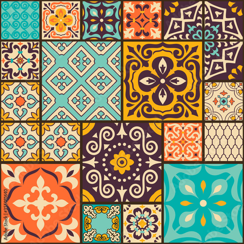 Seamless colorful patchwork tile with Islam, Arabic, Indian, ottoman motifs. Majolica pottery tile. Portuguese and Spain decor. Ceramic tile in talavera style. Vector illustration.