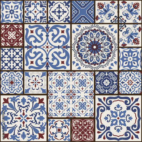 Seamless colorful patchwork tile with Islam, Arabic, Indian, ottoman motifs. Majolica pottery tile. Portuguese and Spain decor. Ceramic tile in talavera style. Vector illustration