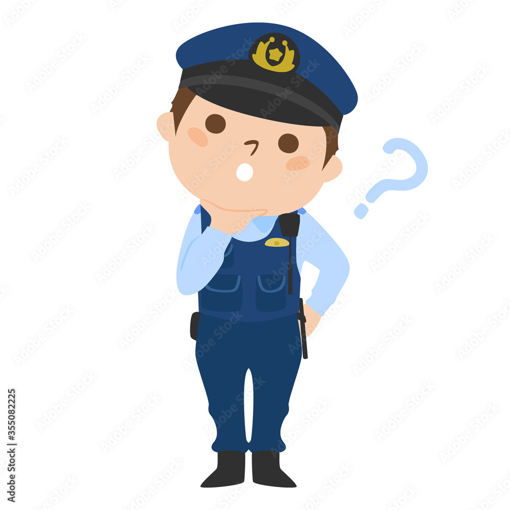 何かに悩んでハテナマークを出している男性警察官のイラスト。
