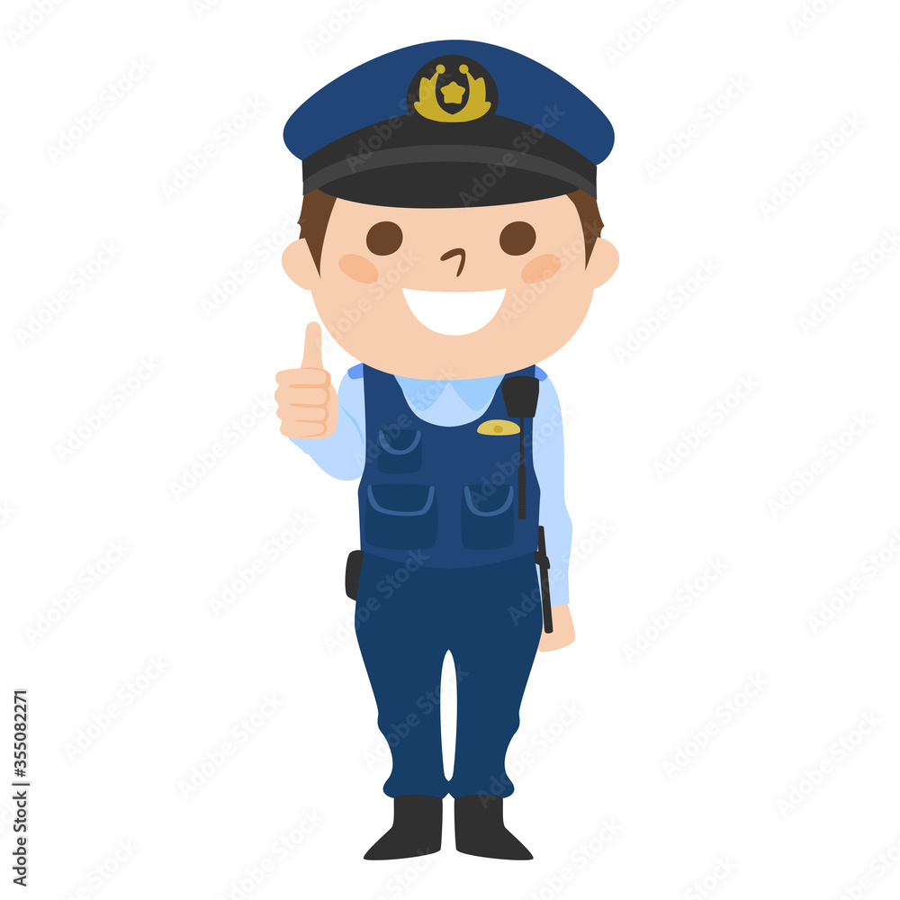 手でグッドサインを出している笑顔の男性警察官のイラスト。