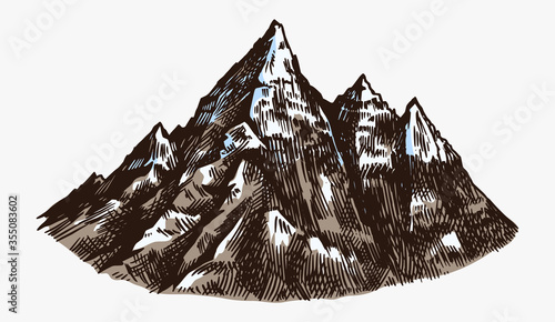 Mountain peaks, vintage rock, old highlands range. Hand drawn vector outdoor sketch in engraved style. Vector illustration for Hiking card, climbing banner, tattoo or label.