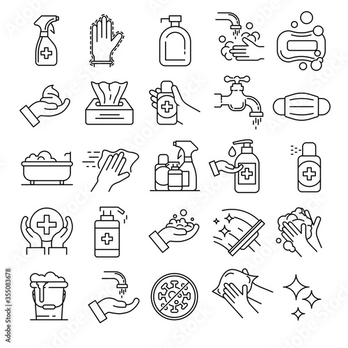 Sanitation icons set. Outline set of sanitation vector icons for web design isolated on white background