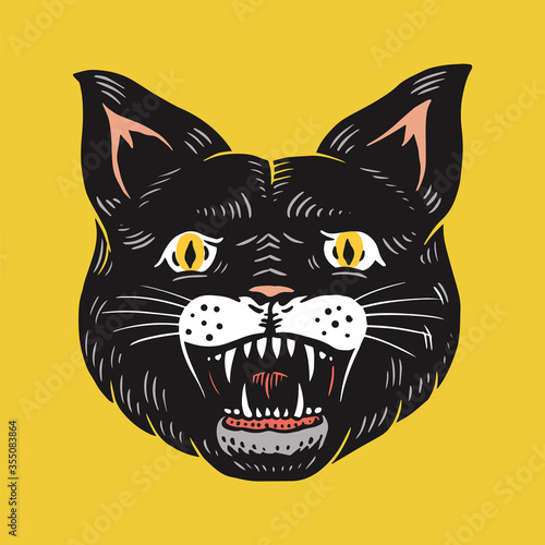 Black witch cat. Evil scary mystical animal. Halloween vector illustration. Hand drawn engraved doodle sketch for tattoo or t-shirt and banner.