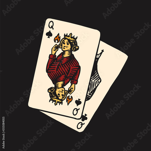  Playing cards in vintage doodle style. Spades Queen. Hand drawn engraved doodle sketch. Vector illustration for tattoo or t-shirt.