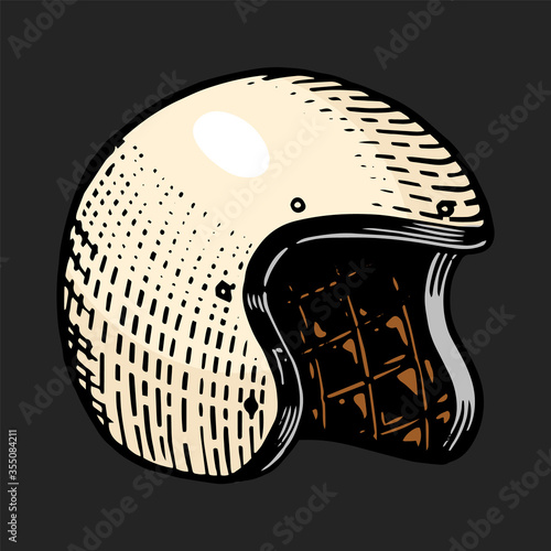 Motorcycle helmet. Retro casque for motor bicycle. Hand drawn engraved monochrome sketch for racer, labels or posters, tattoo or t-shirts.