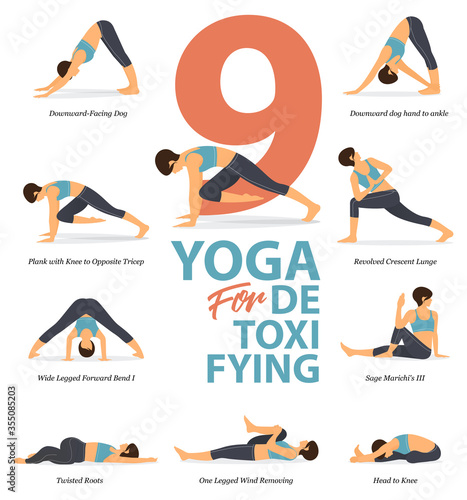 Infographic of 9 Yoga poses for yoga at home in concept of detoxifying in flat design. Woman exercising for body stretching. Yoga posture or asana for fitness infographic. Flat Cartoon Vector