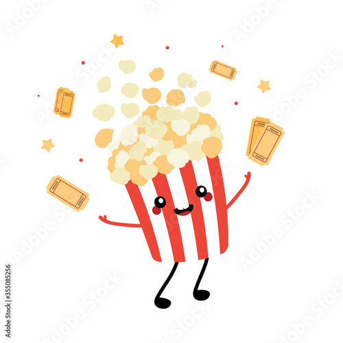 Cute cartoon style popcorn bucket character smiling, having fun, throwing up cinema tickets and confetti in the air. Winning movie tickets concept.