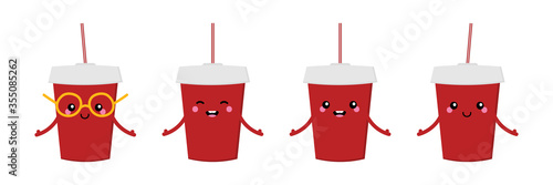 Set, collection of cute and happy cartoon red disposable plastic soda cups with straw characters. Soft drink characters.