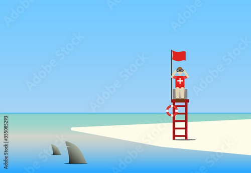 Red flag, Life Guard on a beach watching out for sharks in the water.