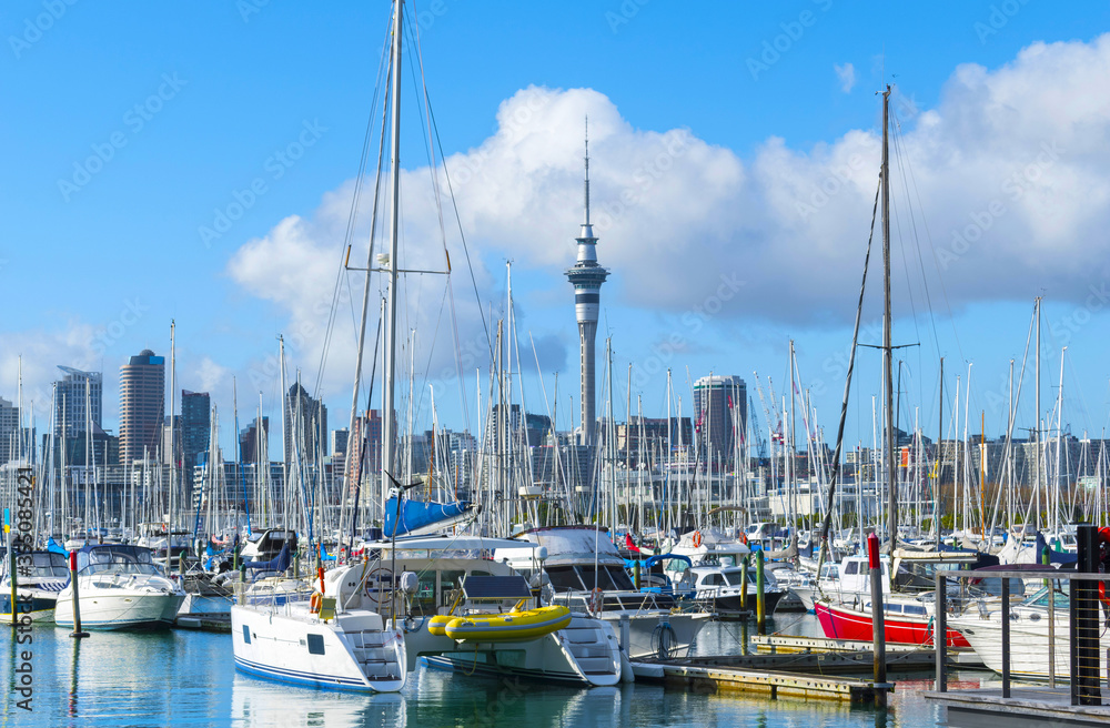 Boats at Westhaven Marina, Auckland New Zealand; View to Auckland City as the Background