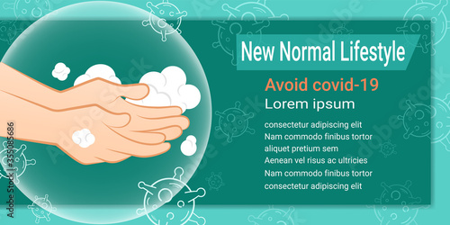 New normal lifestyle. Wash hands for avoid covid-19 infection. prevent outbreak of the coronavirus. 
change and adaptation of routine. Reduce the risk. Cleanliness.