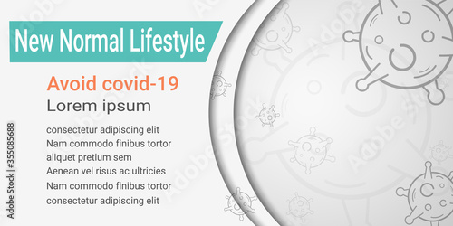virus design on white or grey paper cut background. new normal lifestyle. avoid covid-19 infection. prevent outbreak of the coronavirus. change and adaptation 
of routine. space for text.