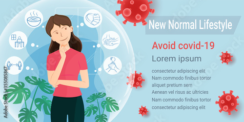 A woman at home, looking up and thinking about how to Avoid covid-19 infection. prevent outbreak of the coronavirus. new normal lifestyle. change and adaptation of routine. working from home.