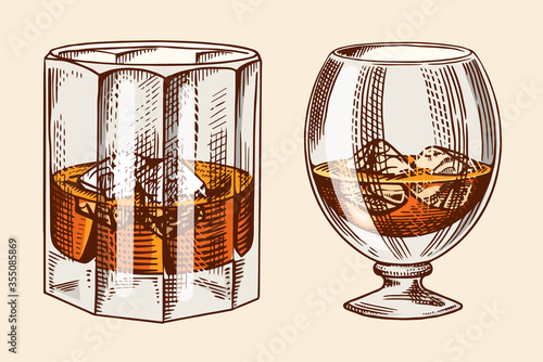 Vintage glass of whiskey. Retro Strong Alcohol drink. Hand drawn engraved sketch for poster, retro label or badge. American Scotch or bourbon, symbol.