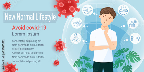 A man at home, looking up and thinking about how to Avoid covid-19 infection. prevent outbreak of the coronavirus. new normal lifestyle. change and adaptation of routine. working from home. 