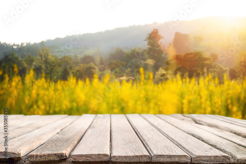 Empty wooden desk space platform and blurred field or farm background for product display montage.