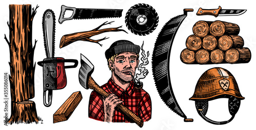 Lumberjack with axe. Woodsman character and work tools Set. Downed logs, Saw or chainsaw. Hand drawn elements. Logger or axeman or woodcutter. Vector illustration. Engraved Monochrome Vintage Sketch. photo