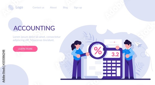 Concept of accounting and auditing service for business, budget planning, revenue calculation. People look through the magnifying glass at the check. Modern flat vector iilustration.