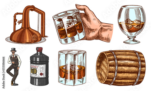 Vintage Whiskey set. Wooden barrel, scotch and bourbon, wheat and rye, Glass bottle, Victorian man, cheers toast. Strong Alcohol drink. Hand drawn engraved sketch for poster, badge. American symbols.