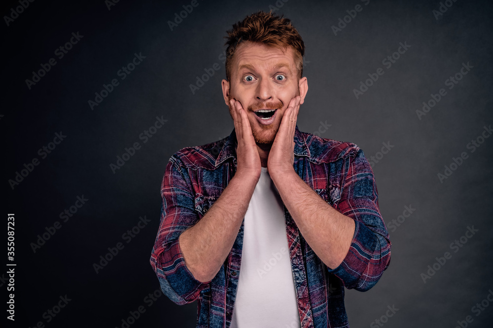 Husband found out wife pregnant, being happy and excited. Joyful attractive redhead male with bristle, holding palms on cheeks and smiling joyfully, being charmed with amazing and pleasant scene Husband found out wife pregnant, being happy and excited. Joyful attractive redhead male with bristle, holding palms on cheeks and smiling joyfully, being charmed with amazing and pleasant scene