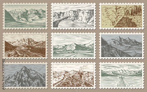 Vintage Post stamps set. Etching mountain landscapes. Retro old Mount Sketch. Monochrome Postcard. Hand drawn engraved retro mark, frames for print banner, poster and logo. 