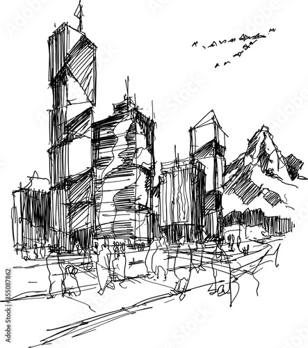 hand drawn architectural sketch of a modern city with high buildings and people in the streets