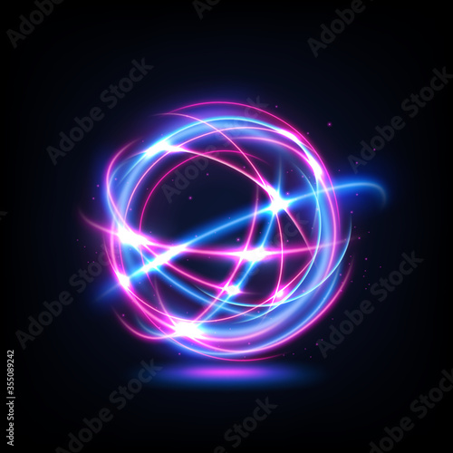 Abstract Multicolor Swirl Line of Light  isolated on dark background. Vector Illustration