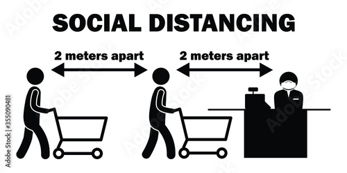 Social Distancing 2 Meters Apart Cashier line Stick Figure. Black and white pictogram depicting two meters apart while lining queuing up to pay at cashier. Vector File