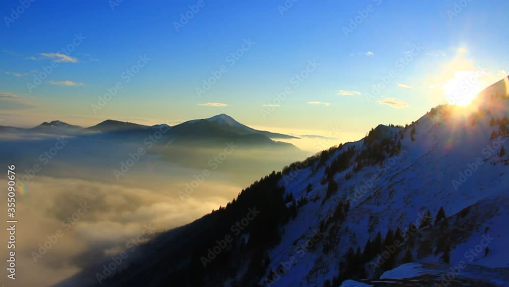 High mountains, sunset, cold winter and snow. Nobody around. Peace.