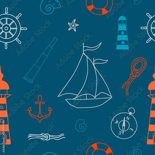 Seamless pattern of Sailor theme. Hand draw vector line illustration. The set consists of lighthouses, nautical knots, compass, binoculars, anchor, rudder, lifebuoy, ship and shells.