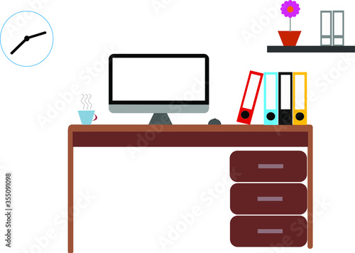 House office company have computer tablet pc notebook file red blue yellow black gray colorful on the table and wall clock this is work from home or wfh social distancing concept