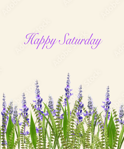 Happy Saturday greeting card with purple flower and green leaf © sirirak