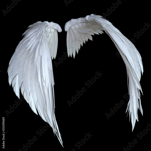 Fotografie, Obraz 3D Rendered White Fantasy Angel Wings Isolated On Black Background - 3D Illustra