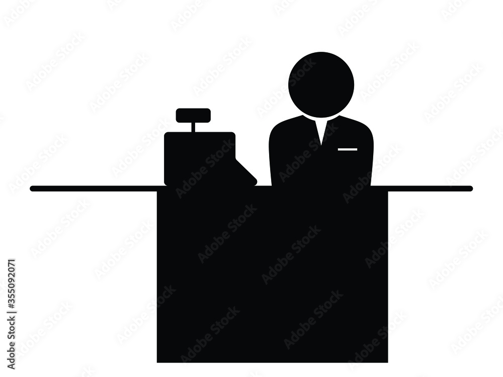 Cashier Icon. Black and white pictogram depicting checkout counter with ...