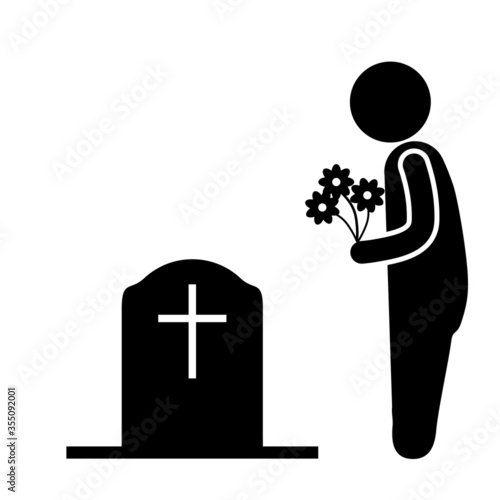 Visit Grave Cemetery Stick Figure with Flowers. Black and white pictogram depicting man standing in front of tombstone holding flowers. Vector File