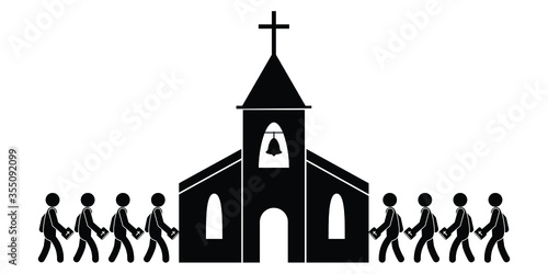 People Going to Entering Church. Black and white pictogram depicting people attending church service mass holding Holy Bible. Vector File