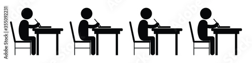 Multiple Student Studying Classroom. Black and white pictogram depicting many students study writing working in a line. Vector File