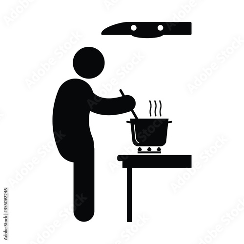 Cooking Over Stove Stick Figure. Black and white pictogram depicting man cooking over in pot over fire stove with vent on top. Vector File