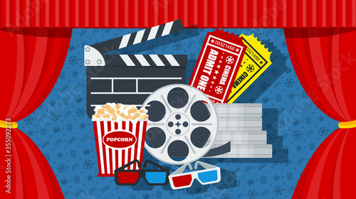 Cinema poster template. Red curtain on stage of theater. Screen, premiere